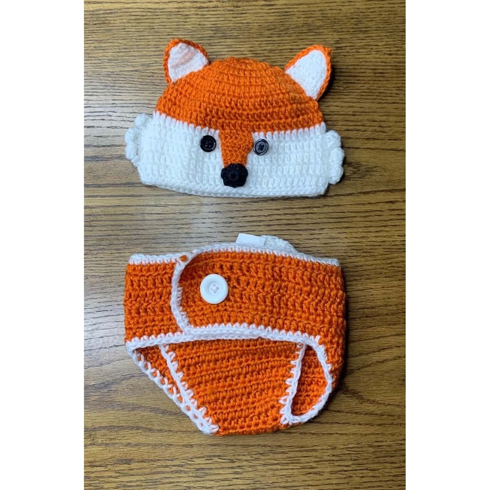 So Dorable Fox Hat and Diaper Cover Size 0-6 Mos Orange Crochet